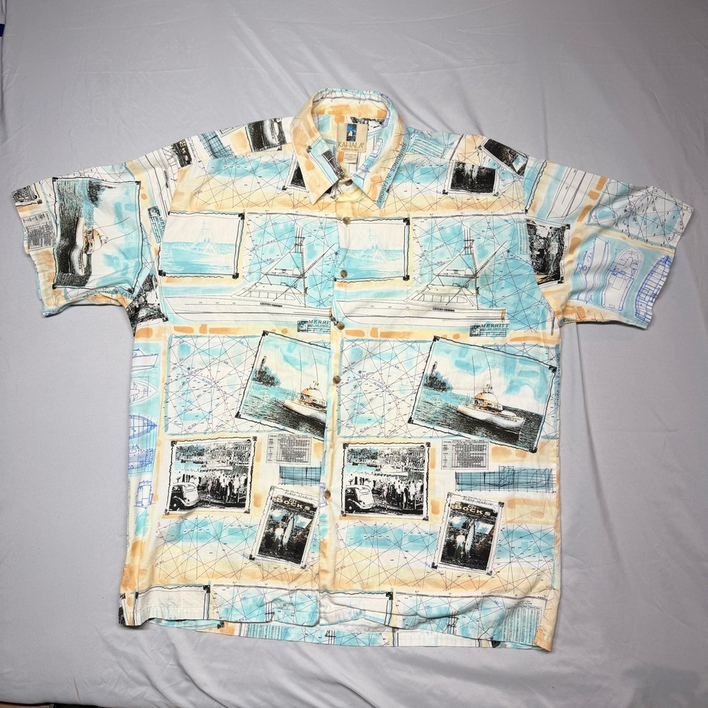 Kahala Hawaiian Islands XL Nautical Boat Blueprint Aloha‎ Shirt M36 Vintage